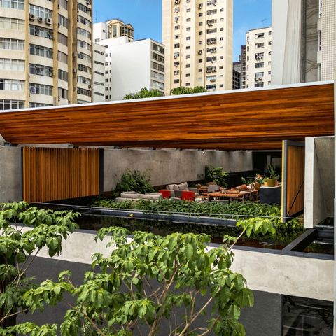 Terraço do Tuju, com sofás, mesas e plantas sob o ripado de madeira e os prédios de São Paulo ao fundo